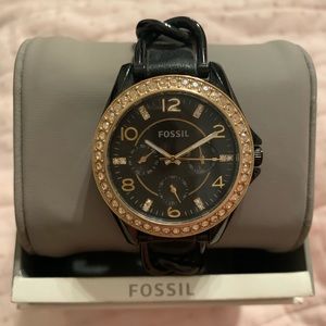 FOSSIL black & gold leather band watch